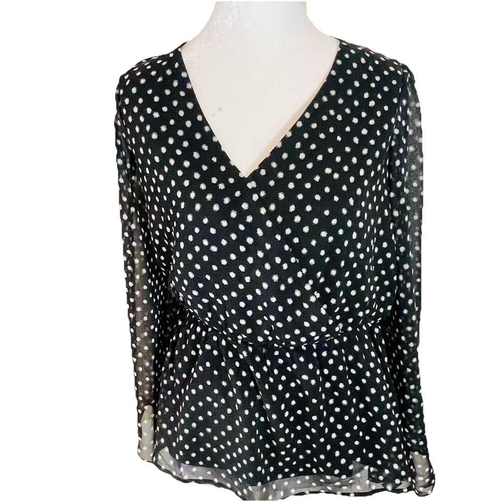 West k NEW Black Polka Dot Mock‎ Wrap Blouse Small Peplum Bell Sleeves  Dressy
